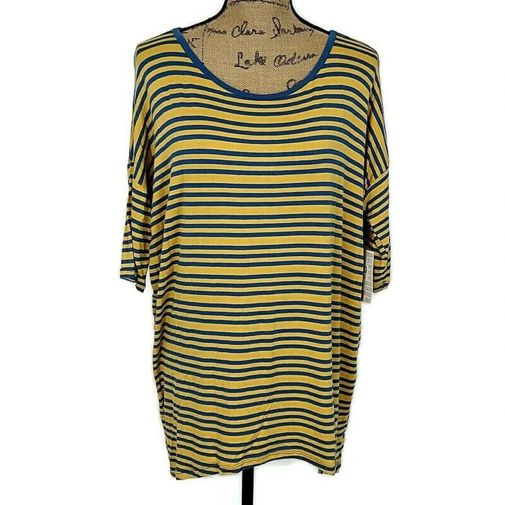 LuLaRoe Irma Tunic Top Womens Small Mustard Navy Blue Striped High Low Relaxed